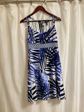 White House Black Market Blue and White Palm-Print Camisole Dress